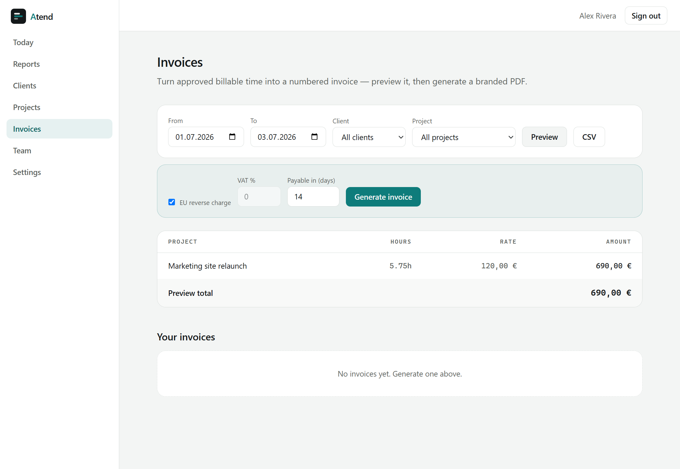 An invoice preview generated from approved billable time, with EU reverse charge and per-client rounding